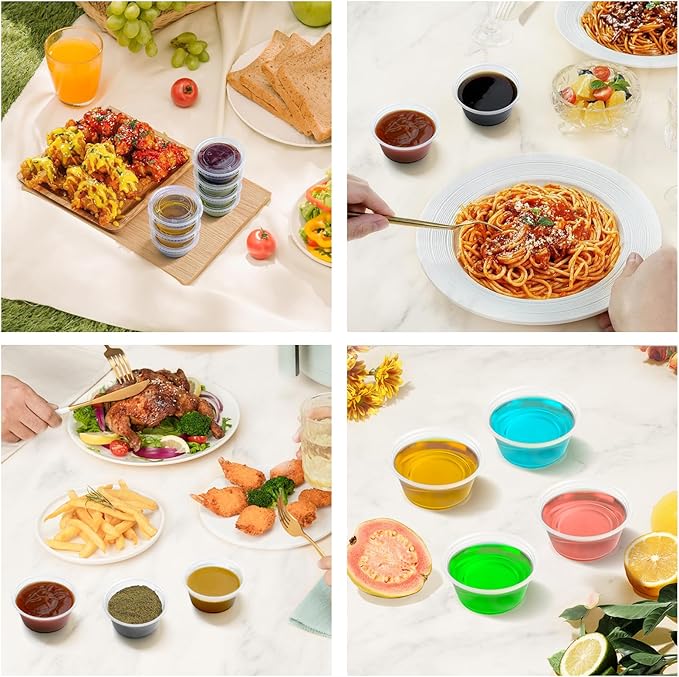 360 Set 3.25 oz Jello Shot Cups with Lids, Sturdy & Food Safe Disposable Plastic Portion Condiment Dipping Sauce Cups, Small Containers for Salad Dressing