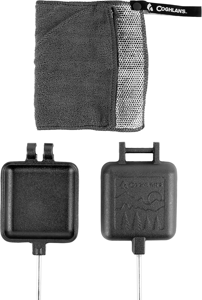 Coghlan's Cast Iron Camp Cooker - Pre-Seasoned Pie Iron Sandwich Maker with Heat-Resistant, Removable Handles, Easy-to-Clean for Toasted Pies, Grilled Sandwiches, and Meats, For Campfire Cooking