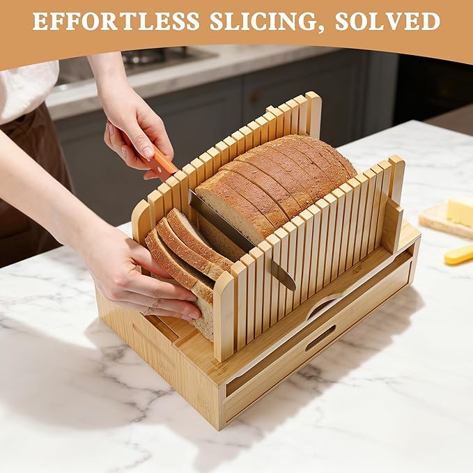 LOHASOK Bamboo Bread Slicer Guide: Bread Cutter for Homemade Bread Loaf - Adjustable and Foldable with Crumb Tray