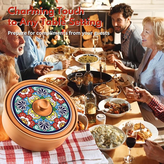 Authentic Terracotta Tortilla Warmer w Decorative Lid, Mexican Terra Cotta Tortilla Holder w Warmer Cloth, Traditional Clay Tortillas Container Heater & Tortillero, Talavera