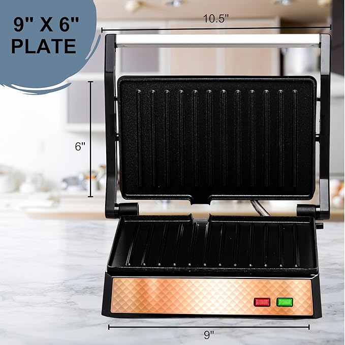 OVENTE Electric Panini Press Sandwich Maker with Non-Stick Coated Plates, Opens 180 Degrees to Fit Any Type or Size of Food, 1000W Indoor Grill Perfect for Quesadillas, Burgers & More, Copper GP0620CO