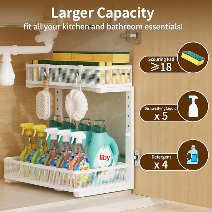 Under Sink Organizer 1 Pack, 2-Tier Slide Out Cabinet Organizer with Metal Sliding Drawer and Hooks, Pull Out Storage Baskets for Kitchen Bathroom Pantry Cabinet Organization (White (1 pack))