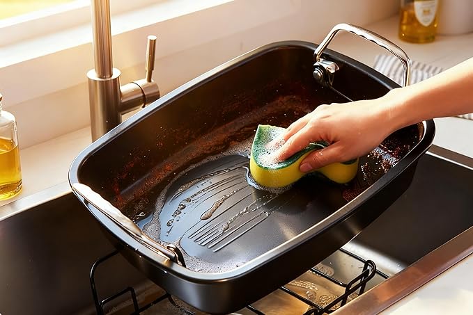 Large Nonstick Roasting Pan Kit with Rack (17x13 Inch) - Includes Baster, Pastry Brush & Twine for Turkey, Chicken, Ham - Even Heating, Easy Clean, Dark Grey
