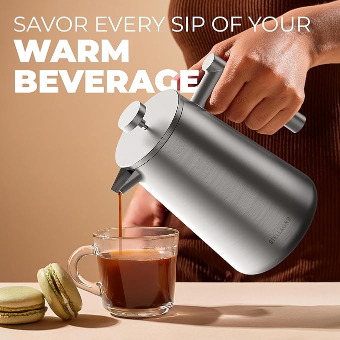 French Press Coffee Maker, Stainless Steel French Press, 34 Oz / 1L, Large Insulated Double Wall Coffee Maker with 3 Extra Mesh Filters, Satin Finish, Silver