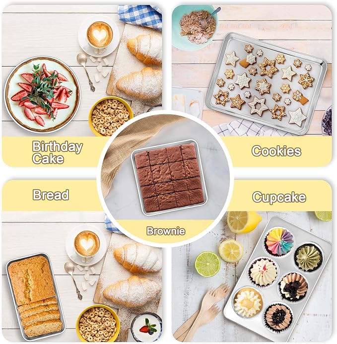 TeamFar Bakeware Sets, Stainless Steel Toaster Oven Baking Roasting Pans, Square/Round Cake Pan, Loaf Pan & Muffin Pan, Healthy & Heavy Duty, Smooth & Dishwasher Safe-5 PCS