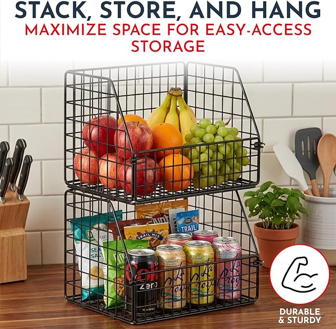 3-Tier Wall Hanging Fruit Baskets for Kitchen Organizing Fruits and Vegetables, Heavy-Duty Wall Basket for Storage, Wire Hanging Fruit Basket for Kitchen & Pantry