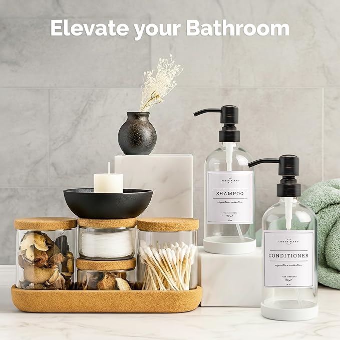 Vine Creations Clear Glass Soap Dispenser, 2 Pack Kitchen Soap Dispenser Set with Stainless Steel Pump, 16 oz Dish Soap and Hand Soap Dispensers for Bathroom with Waterproof Labels