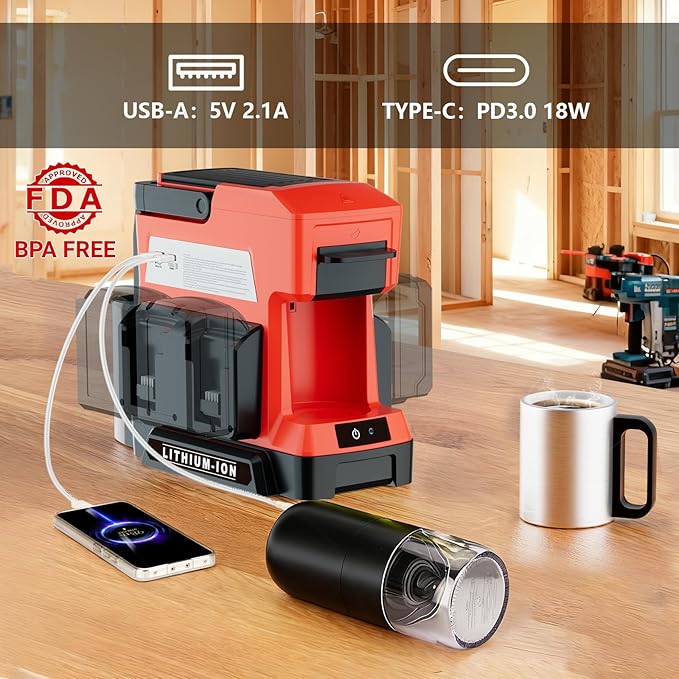 Cordless Coffee Maker for Milwaukee 18V Battery, 3 Brewing Options Drip Coffee Maker with Coffee Grinder, Portable Single Serve Coffee Makers for Camping, Travel, and Jobsite. (Tool Only)