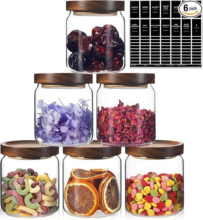 Glass Spice Jars Seasoning Containers Small Glass Jars with Lids Airtight Food Storage Canister for Kitchen Pantry Sugar Tea Coffee Bean Nuts Cookies Herbs Salt (16oz/473ml*6 pack)