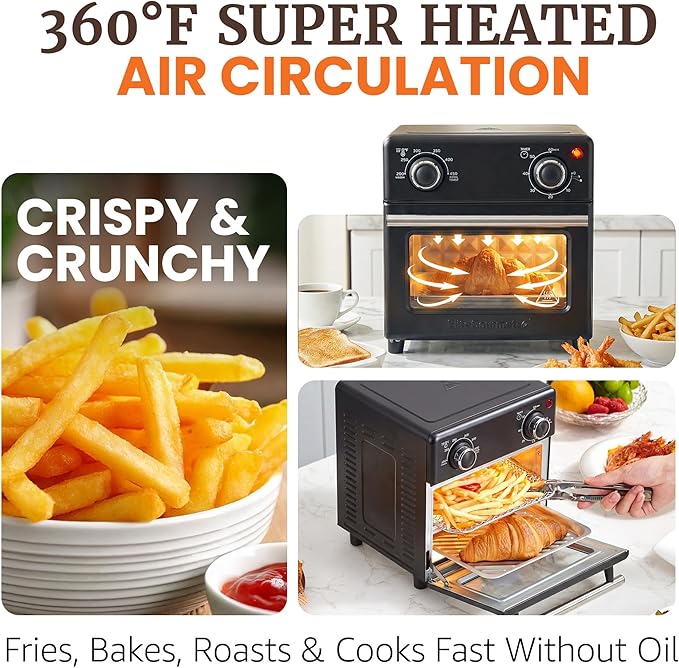 Elite Gourmet Compact 8.5Qt Air Fryer Oven – Mini Countertop Air Fryer with Adjustable Time & Temperature Controls, 800W, Includes Air Fry Basket, Bake Pan & Recipes, Black