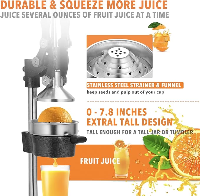 19 Inch Height Extra Tall Commercial Heavy Duty Cast Iron Hand Press Manual Orange Citrus Lemon Lime Grapefruit Pomegranate Fruit Juice Squeezer Machine with Stainless Steel Cup Black