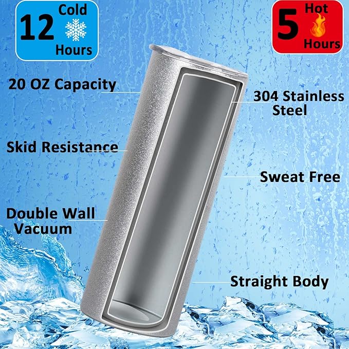 Glitter Sublimation Tumblers 20 Oz Skinny Straight, 8 Pack Sublimation Glitter Skinny Tumbler Blanks, Insulated Stainless Steel Tumbler, Silver