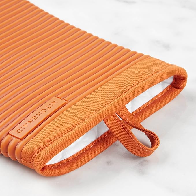 KITCHENAID Ribbed Soft Silicone Oven Mitt 2-Pack Set, 7.5"x13", Honey