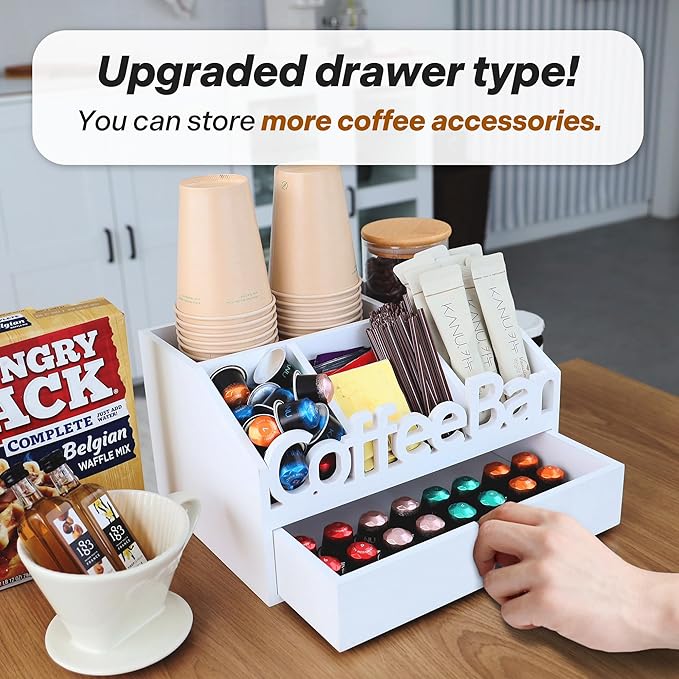 Coffee Bar Organizer for Countertop – Wooden Coffee Station with Drawer, Tea and K Cup Storage Condiment Rack, Coffee Pod Holder for Home and Office Organization (Drawer - White)