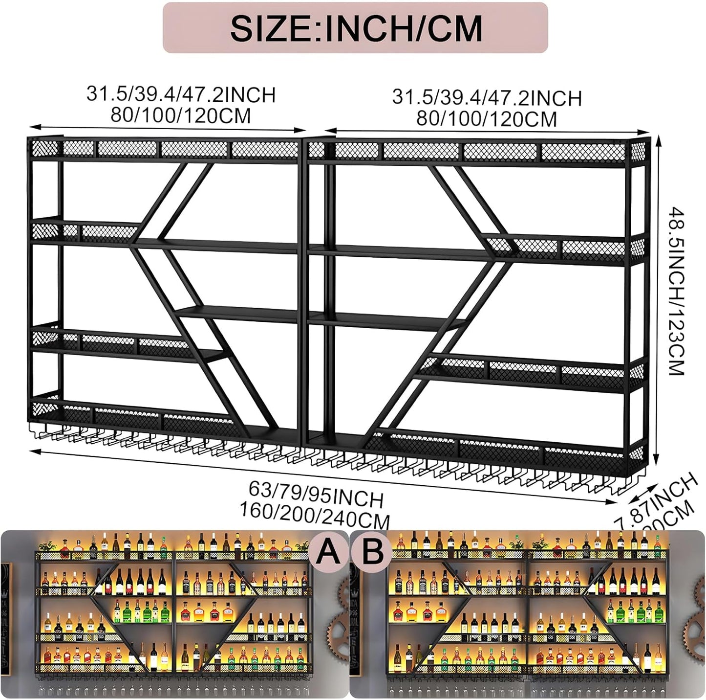 94.48in Metal Wine Rack Wall Mounted, Modern Wine Storage Rack Wall Mounted with Wine Glass Holder, Liquor Shelf, Bar Shelves for Liquor Bottles (4 Tiers Gold, 94.48 * 7.87 * 33.85INCH)