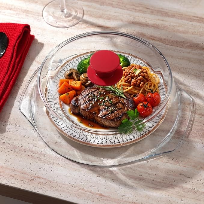 [Upgrade] FikaNook Glass Microwave Splatter Cover for Food with Silicone Handle & Ceramic Screw, 100% Food Grade, BPA Free, Dishwasher Safe