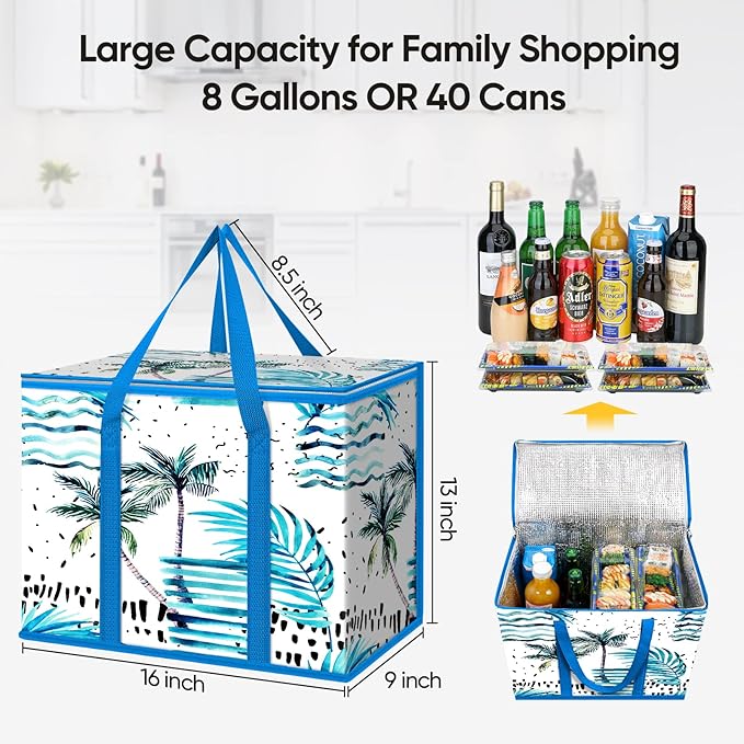 BALEINE 2Pk Insulated Reusable Grocery Bags, Collapsible Cooler Bag for Groceries, Heavy Duty Large Insulated Bag (16''x9''x13'', Island Breeze)