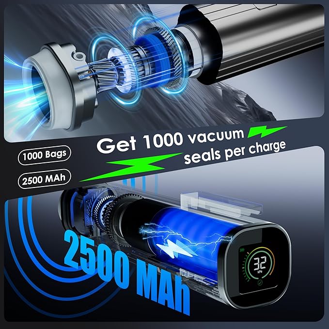 Vacuum Sealer, Portable handheld Vacuum Sealer + 30 Reusable Vacuum Bags, Portable Food Sealer, With LED pressure display, 2-Speed Pressure Control (60/80 Kpa)
