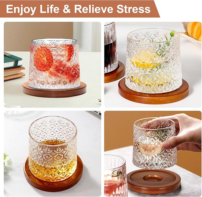 Rotatable Old Fashioned Glass, 275ml/10oz Crystal Whiskey Glass Set of 4, Wood Coaster, Thickening, Used as Rum Glass, Cocktail Cup, Coffee Cup, Milk Cup to Relax and Reduce Stress, Christmas gifts