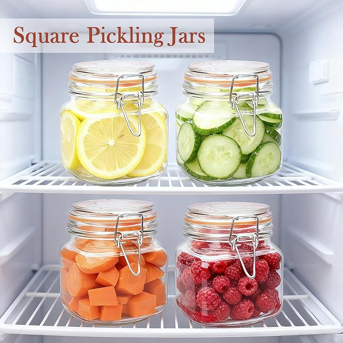 25 oz Glass Jars With Airtight Lids And Leak Proof Rubber Gasket,Wide Mouth Mason Jars With Hinged Lids For Kitchen Canisters 750ml, Glass Storage Containers 6 Pack