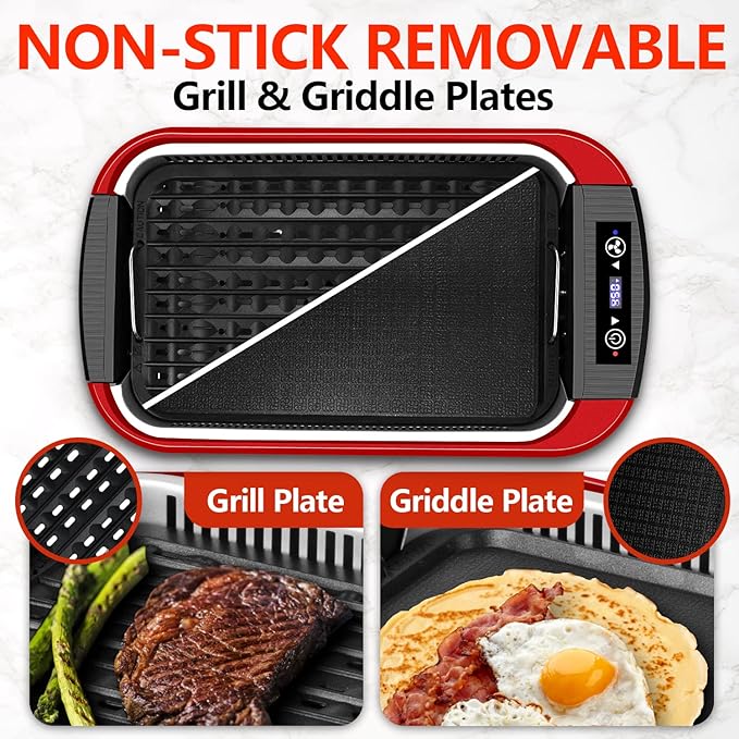 Indoor Grill, CUSIMAX Smokeless Grill Indoor, Electric Griddle, 1500W Korean BBQ Grill with LED Smart Display & Tempered Glass Lid, Non-stick Removable Plate & Griddle Plate, Red