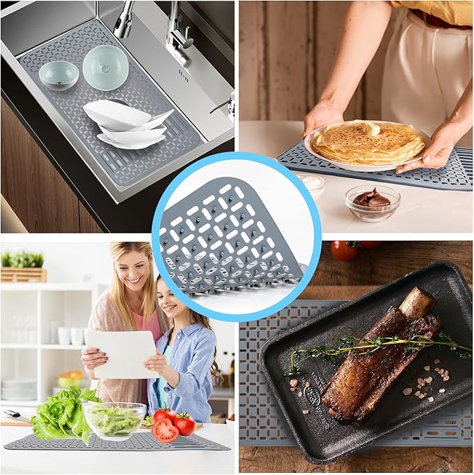 Silicone Sink Mat 28.4''x15.2'' Kitchen Sink Protector With DIY Drain Hole, Grey Farmhouse Silicone Protector 1pcs Kitchen Sinks Accessories