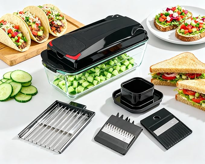 Le'raze 13-in-1 Vegetable Chopper Pro with Glass Container, Stainless Steel Blades, BPA-Free, Mandoline Slicer, Manual