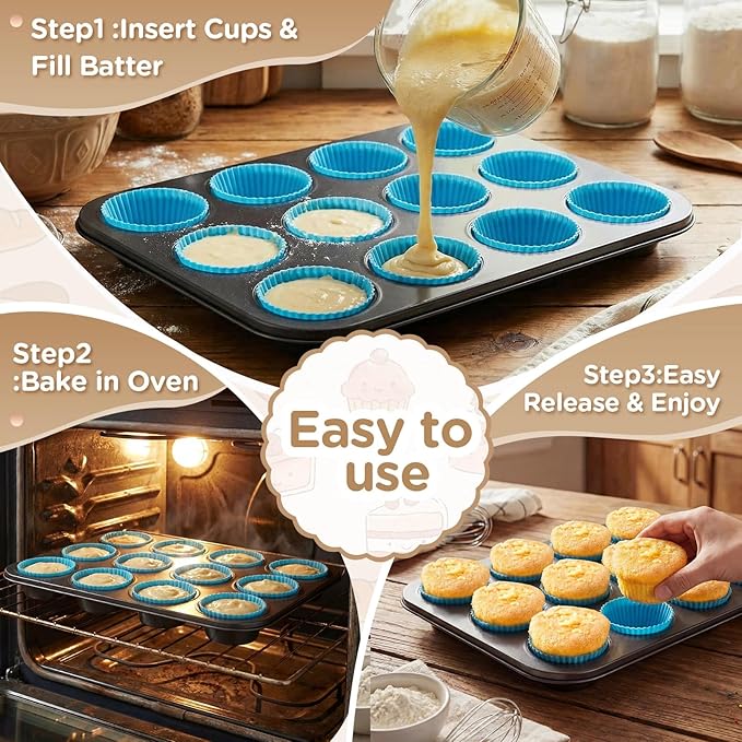 2 Set 12-cup Non Stick Carbon Steel Muffin Pan for Baking with 24 Reusable Silicone Liners, Non Toxic Cupcake Pan Muffin Tin for Easter Wedding Brownies Egg Bite, Easy to Pop(Blue)
