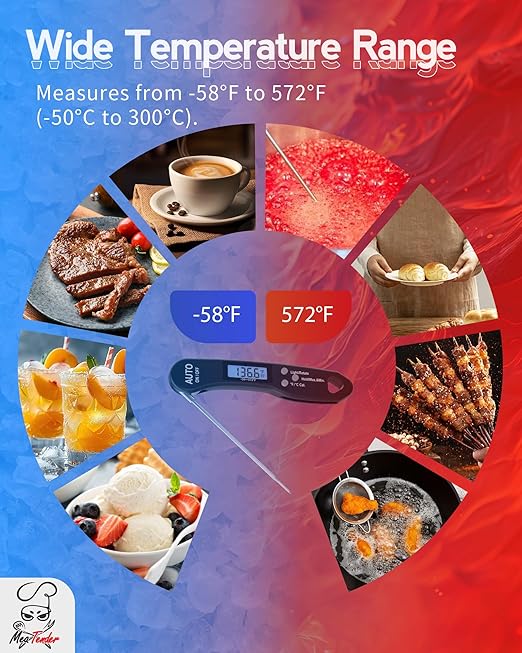 5 PCs Digital Food Thermometer with Fast 1-Second Reading, ±1°F Accuracy, -58°F to 572°F Range | Foldable Probe, Magnetic Back, Backlit LCD, Auto-Off for Grilling, Baking, Smoking