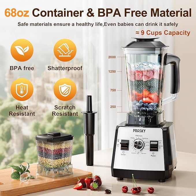 Blenders for Kitchen, Smoothie Blender, 2400W/1000W Prasky Blender & Grinder Combo, 25,000 RPM High Speed, 68oz BPA-Free Food Processor, Countertop Blender for Smoothies, Shakes & Food (White,2L)