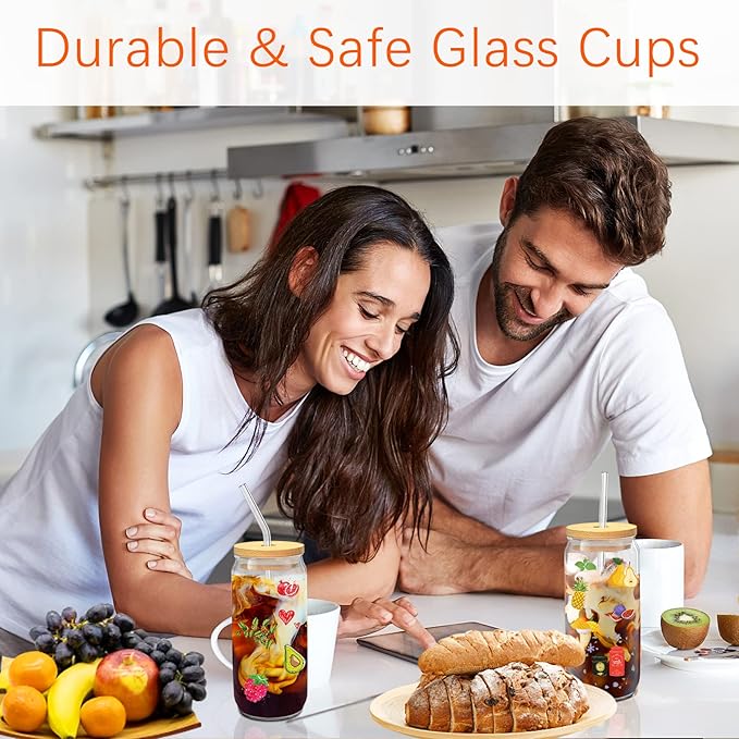PeacePeo Glass Cups with Lids and Straws 20 Pcs 16 oz Ice Coffee Cup Skinny and Long Can Beer Cups Set Drinking Glasses with Bamboo Lids Reusable Glass Cups Ideal for Smoothies & Beverages