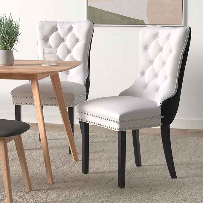 Dining Chairs Set of 2, Upholstered Dining Room Chairs with Back Ring Pull Trim and Solid Wood Legs, Modern Tufted Kitchen Chairs Perfect for Dining Room, White Pu Leather Splicing Black Velvet