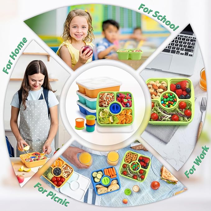 QQKO Bento Snack Box Containers for Adults Kids, 4 Pack Lunchable Meal Prep Containers Reusable, Stackable Bento Lunch Box, Food Storage Prep Containers with 4 Sauce Cups, Jewel Color, White Lid