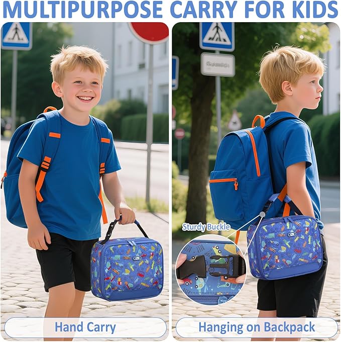 Lunch Box Kids Insulated Lunch Bag for Boys Girls Cute Reusable Lunch Tote Bag Waterproof Portable Thermal Lunch Box Kids for School Picnic Travel Blue Car
