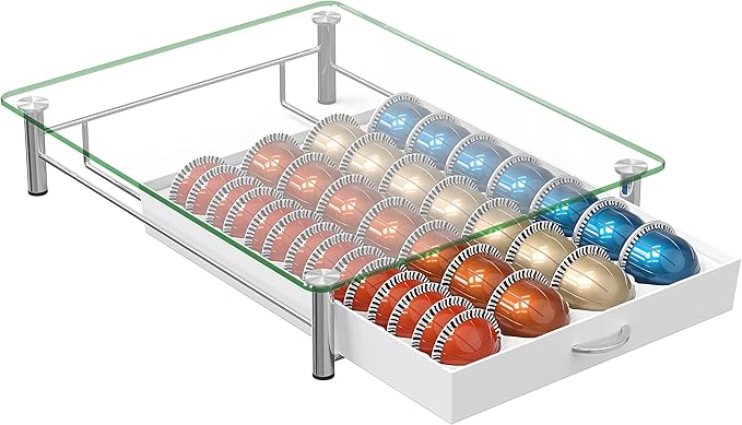 DecoBrothers Crystal Tempered Glass Vertuo Pod Holder Drawer, 28 Large or 56 Small Nespresso Capsule Organizer, White