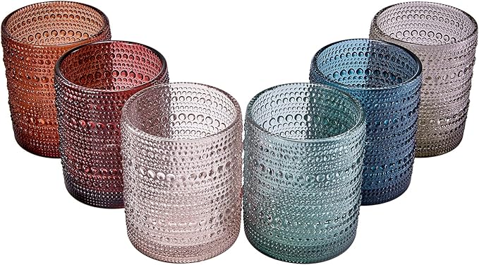 Khen Beaded Hobnail Tumbler Drinking Glasses Set | Set of 6 | Vintage Colored Hobnails 11 OZ Muted Bubble Design Whiskey, Old-Fashioned, Embossed Design Glass Water, Wine, Cocktail HAND WASH ONLY