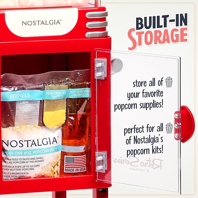 Nostalgia Popcorn Maker Machine - Professional Cart With 2.5 Oz Kettle Makes Up to 10 Cups - Vintage Popcorn Machine Movie Theater Style - Retro Red