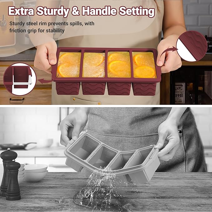 Doasuwish Silicone Freezer Tray for Soup with Lid – 1-Cup Soup Container Style Ice Cube Trays for Freezer, Meal Prep & Food Storage, Freeze 250mL/125mL Portions – 2 Pack