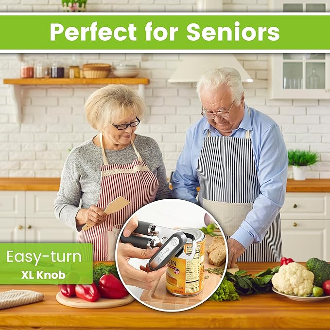 Spring Chef Stainless Steel Can Opener - Manual with Soft Grip Handles, Easy Turn, Heavy Duty Hand Can Openers for Seniors with Smooth Edge - Magnetic Lid Remover - Gray