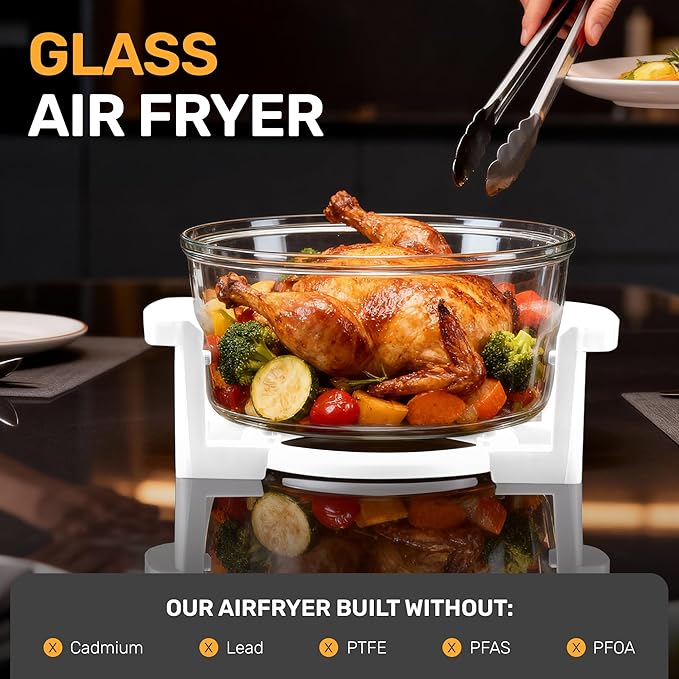 Granitestone 16Qt Large Glass Air Fryer Non Toxic – Family Sized Airfyrer Cooker with 3 Cooking Sections, Stainless Steel Racks, for French Fries, Chicken, No Preheat, Self Cleaning, Dishwasher Safe