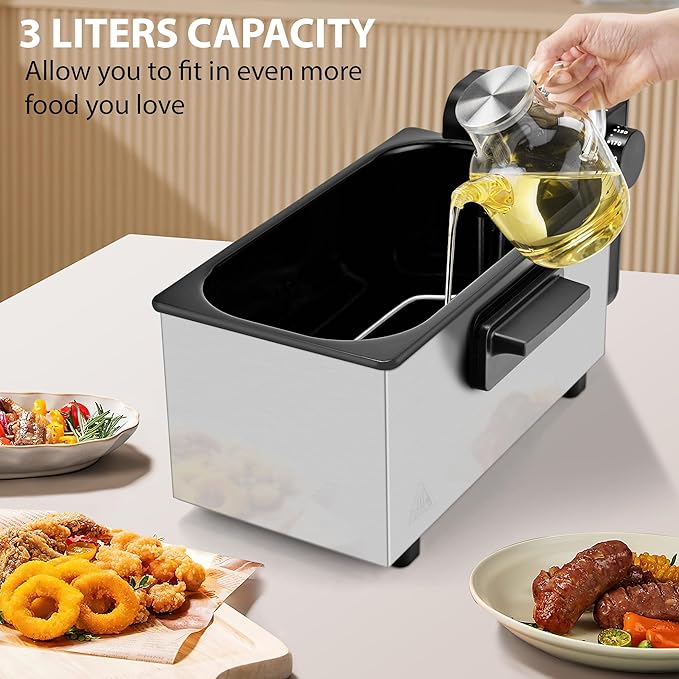 Pukomc Deep Fryer 3 Liter Capacity,1500W Oil Fryer with Adjustable Temperature,Viewing Window,Detachable Frying Basket,Made of Stainless Steel Material and Easy to Clean
