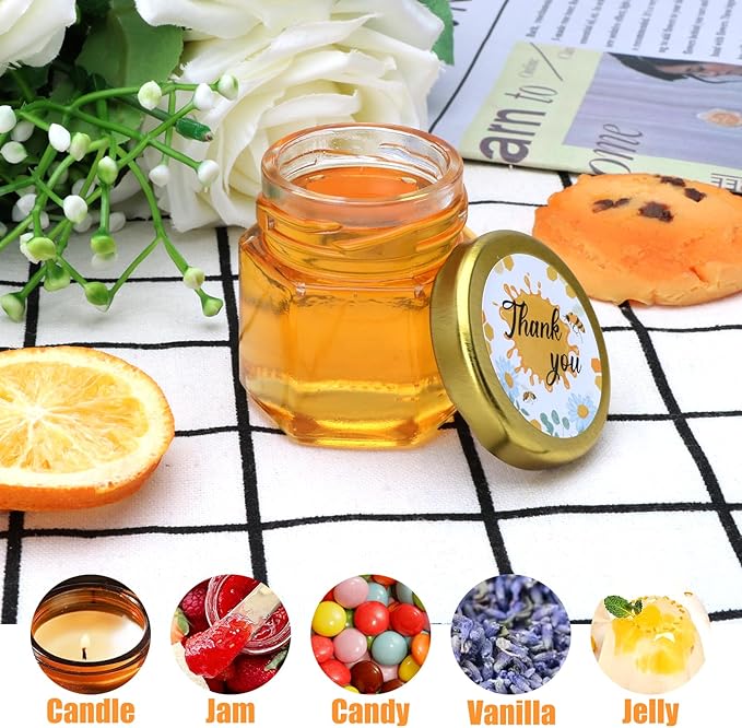 XING-RUIYANG 60 pack 1.5 oz Mini Honey Jars，baby shower favors,There's honey sticks, bee pendants, stickers and gold goodie bags，Suitable for wedding party gifts