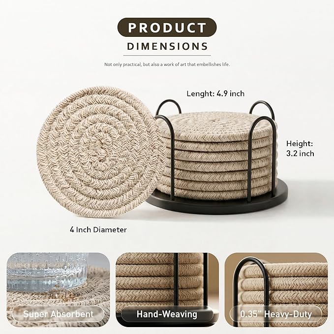 Lazebox Coasters Set of 8 for Drinks, 4 Inch Large Coasters for Coffee Table, Tabletop Protection for Hot & Cold Drinks, Versatile Coasters for Home Decor, Non-Slip & Easy to Clean