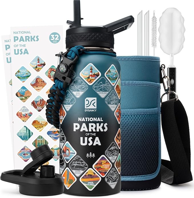 DYSANKY National Parks Water Bottle – 32 oz Insulated Stainless Steel Bottle with 63 Hand-Drawn Park Stickers, Carrier Bag, Strap & Gift Box – BPA-Free – Ideal for Hiking, Camping & Travel