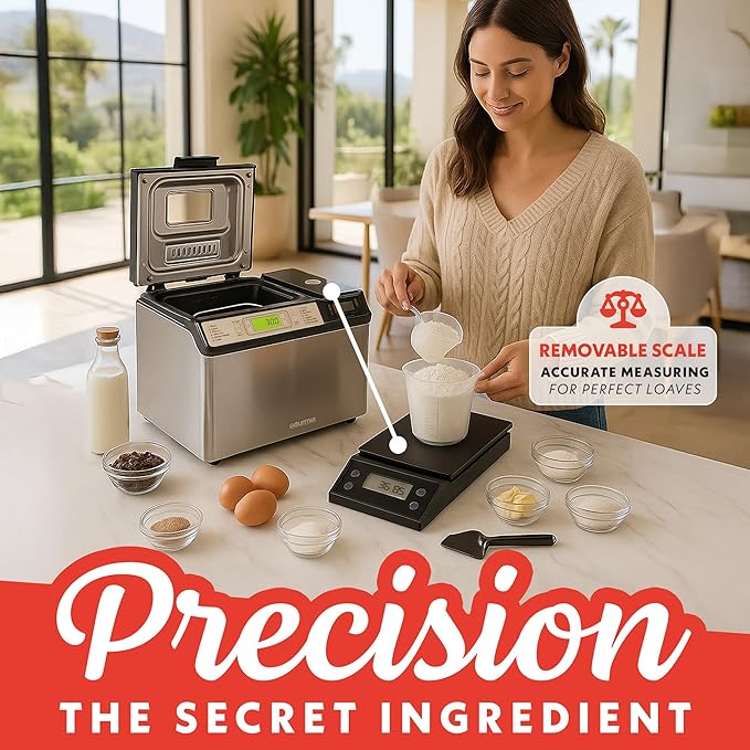 Gourmia Bread Maker with 2 LB Loaf Capacity - 13 Presets Jam Mode, Automatic Ingredient Dispenser, Customizable Crust Options, Keep Warm & Delay Start, Dishwasher Safe Parts