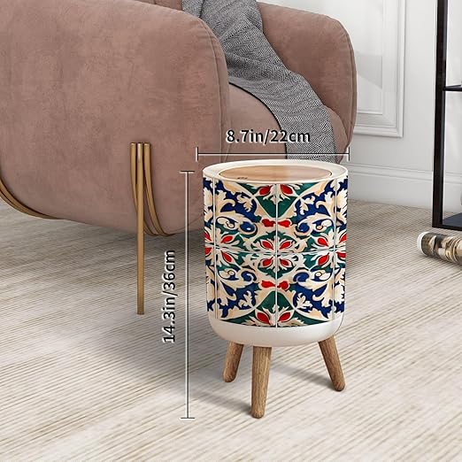Trash Can with Lid Gorgeous seamless pattern white colorful Moroccan Portuguese tiles Press Top Round Small Garbage Bin with Wooden Legs Waste Basket for Kitchen Bedroom Nursery 7L/1.8 Gallon