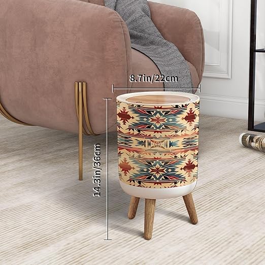 Trash Can with Lid Native pattern american tribal indian ornament pattern geometric Press Top Round Small Garbage Bin with Wooden Legs Waste Basket for Kitchen Bedroom Nursery 7L/1.8 Gallon