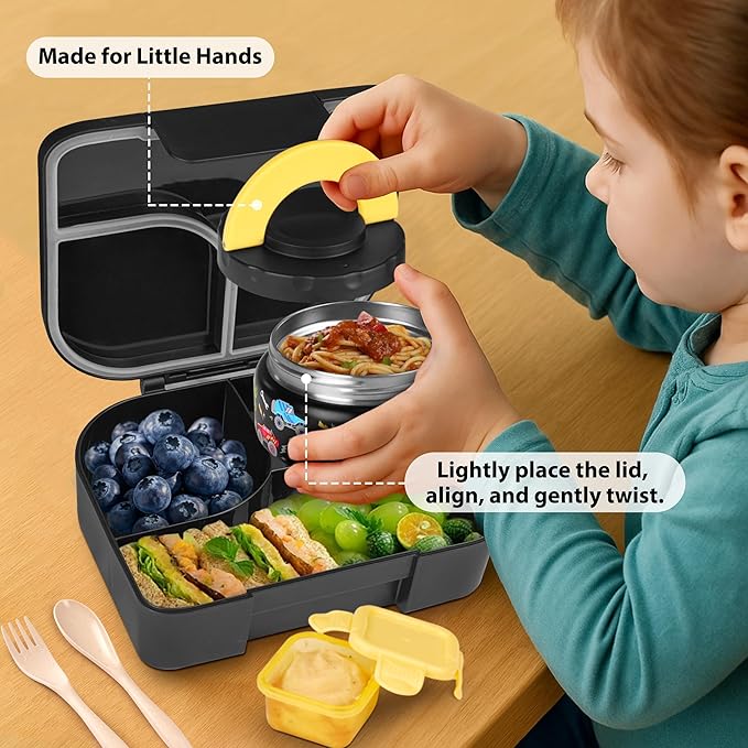 TinyPalsa Bento Box for Kids with 10oz Thermos, Durable Lunch Box with Leak Proof Insulated Food Jar, 3 Compartments with Portable Handle for Ages 3+, Dishwasher Safe, Ideal for School, Travel (Car)
