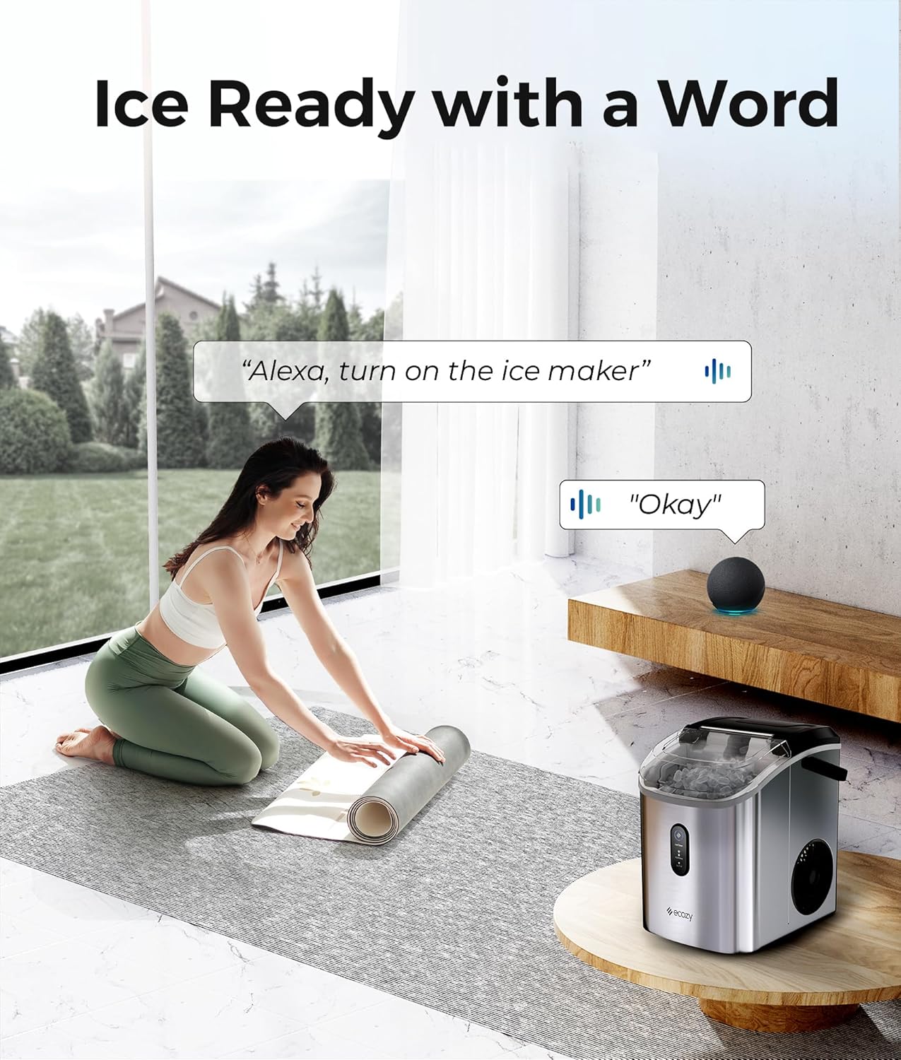 ecozy Smart Nugget Ice Maker Countertop, Portable Pebble Ice Machine with Voice Control, 34lbs/24H Soft Chewable Ice, Self-Cleaning Pellet Ice Maker with APP WiFi for Kitchen Party, Stainless Steel