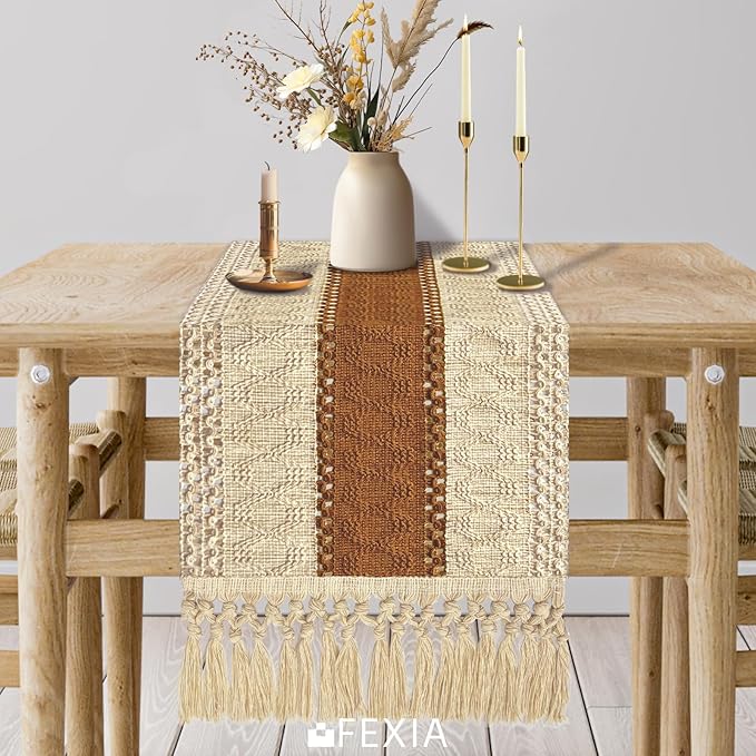 FEXIA Boho Table Runner 36 Inches Long Thanksgiving Decor Macrame Table Runner Farmhouse Stylewith Tassels for Party Bohemian Rustic Wedding Bridal Shower Dining Decor Middle Brown (12x36 Inches)
